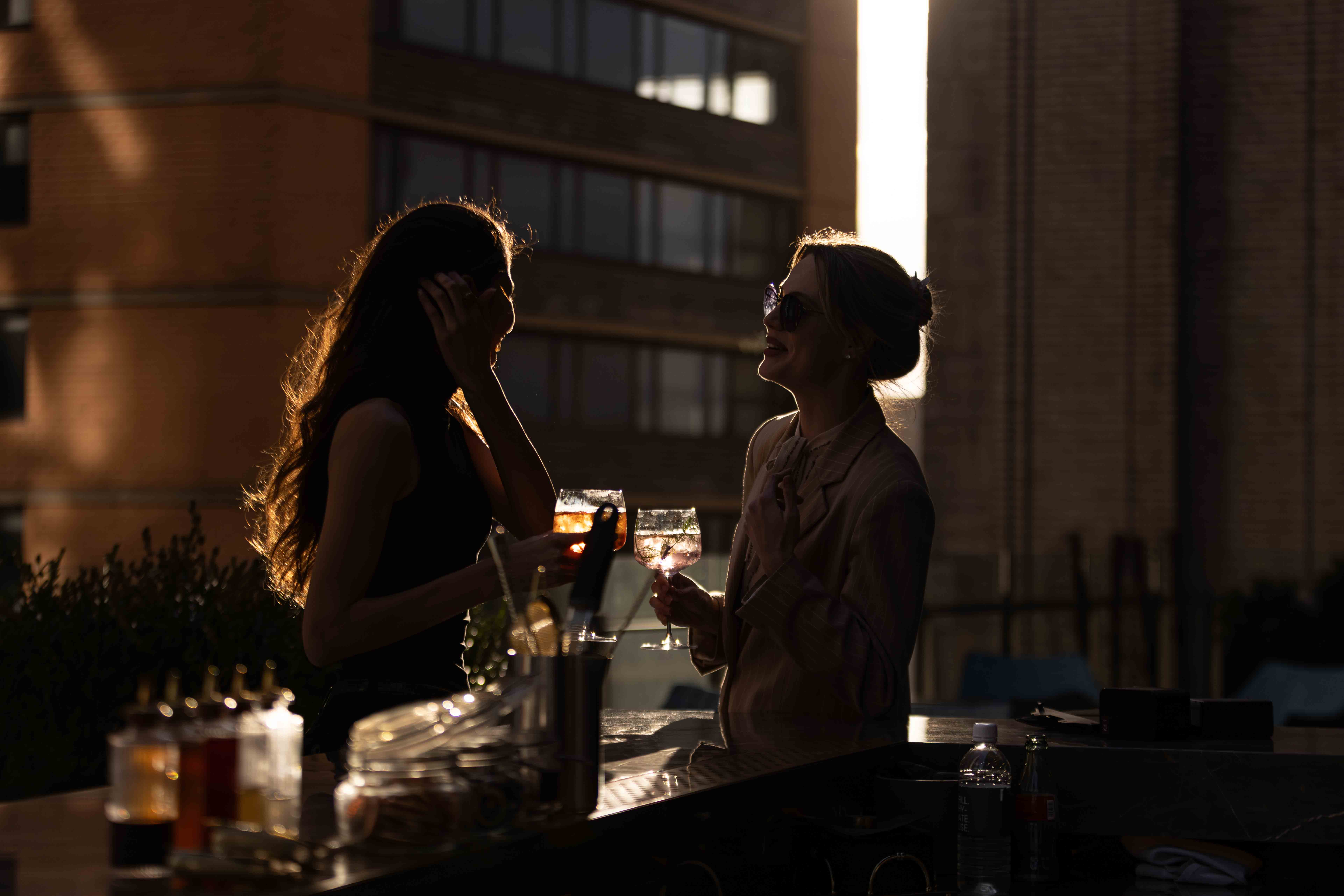Two women chatting and holding cocktails at a rooftop bar with a city view.